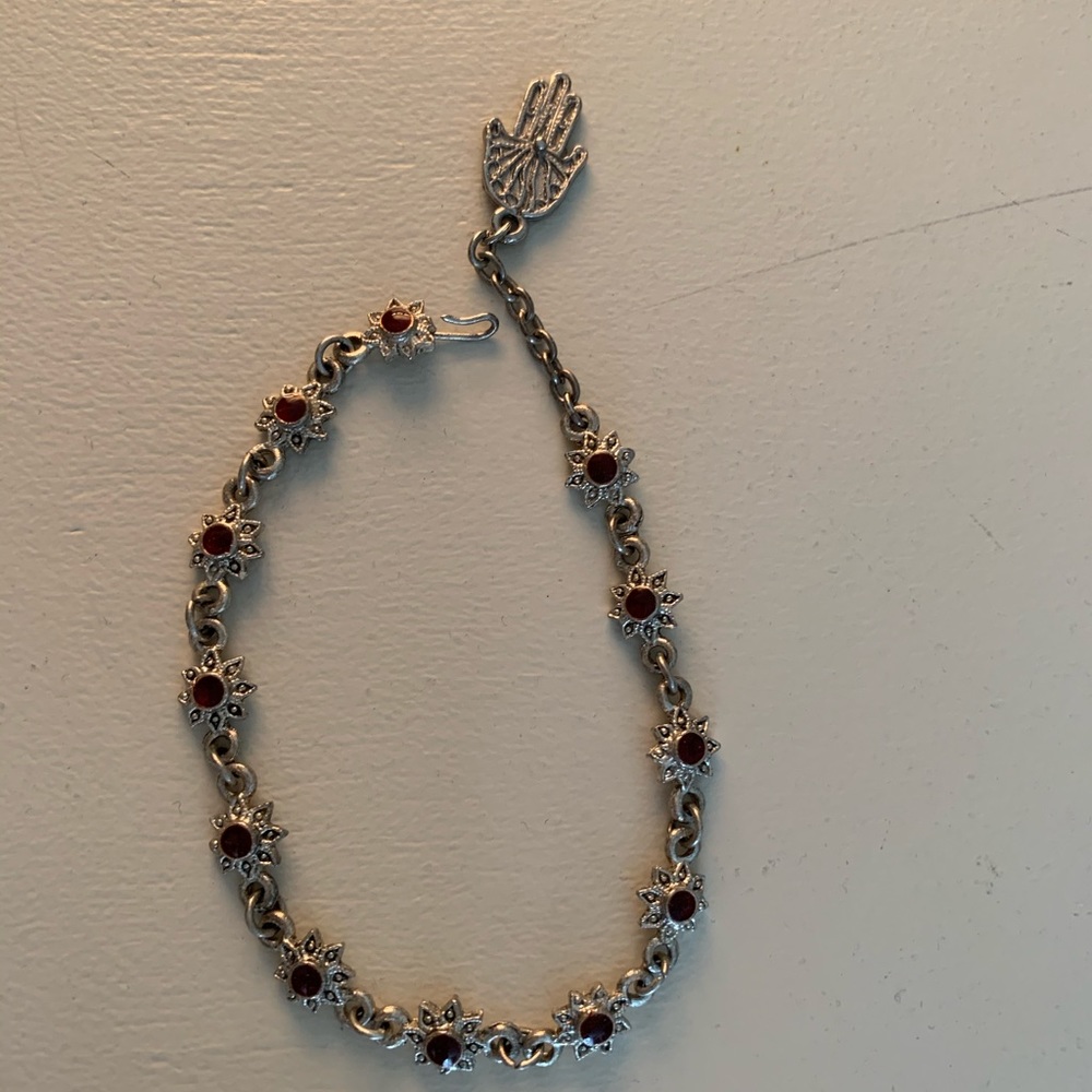 Silver and garnet HAMSA bracelet